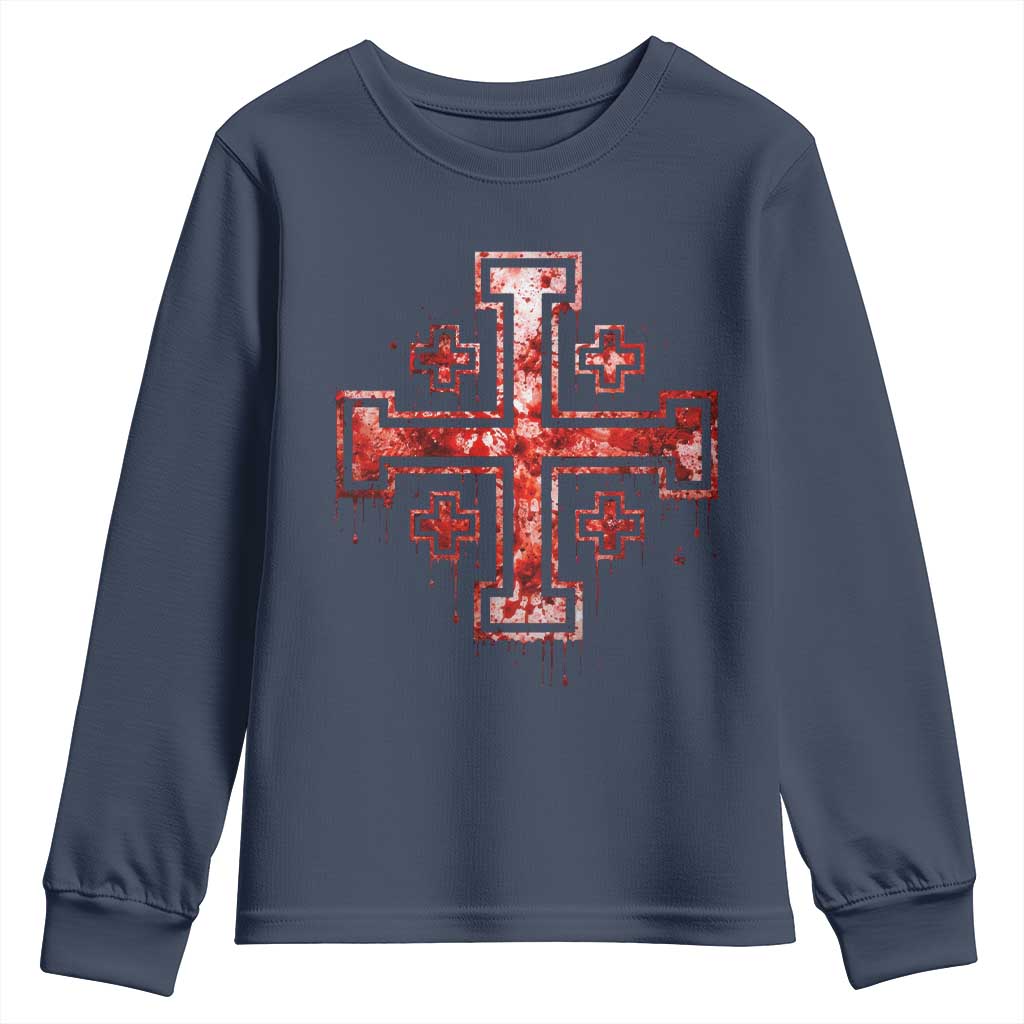 Crusader Jerusalem Cross Catholic Youth Sweatshirt Gothic Christian Dark Faith Grunge Blood Splatter