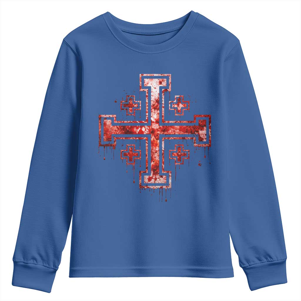 Crusader Jerusalem Cross Catholic Youth Sweatshirt Gothic Christian Dark Faith Grunge Blood Splatter