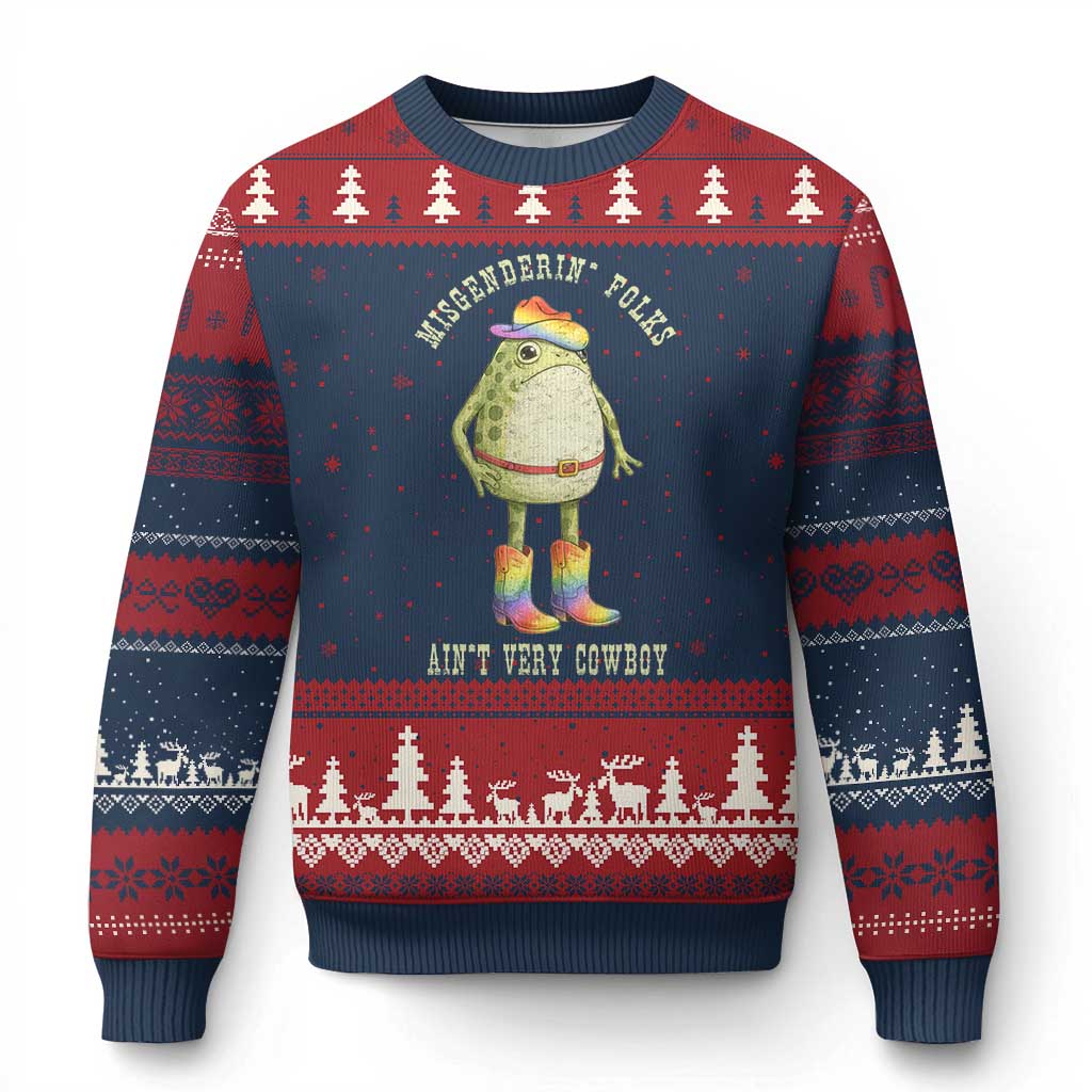 Funny Frog LGBTQ Ugly Christmas Sweater Misgenderin Folks Aint Very Cowboy Pride Rainbow