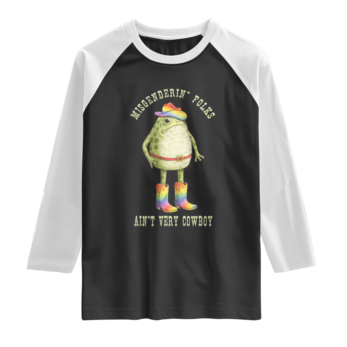 Funny Frog LGBTQ Raglan Shirt Misgenderin Folks Aint Very Cowboy Pride Rainbow