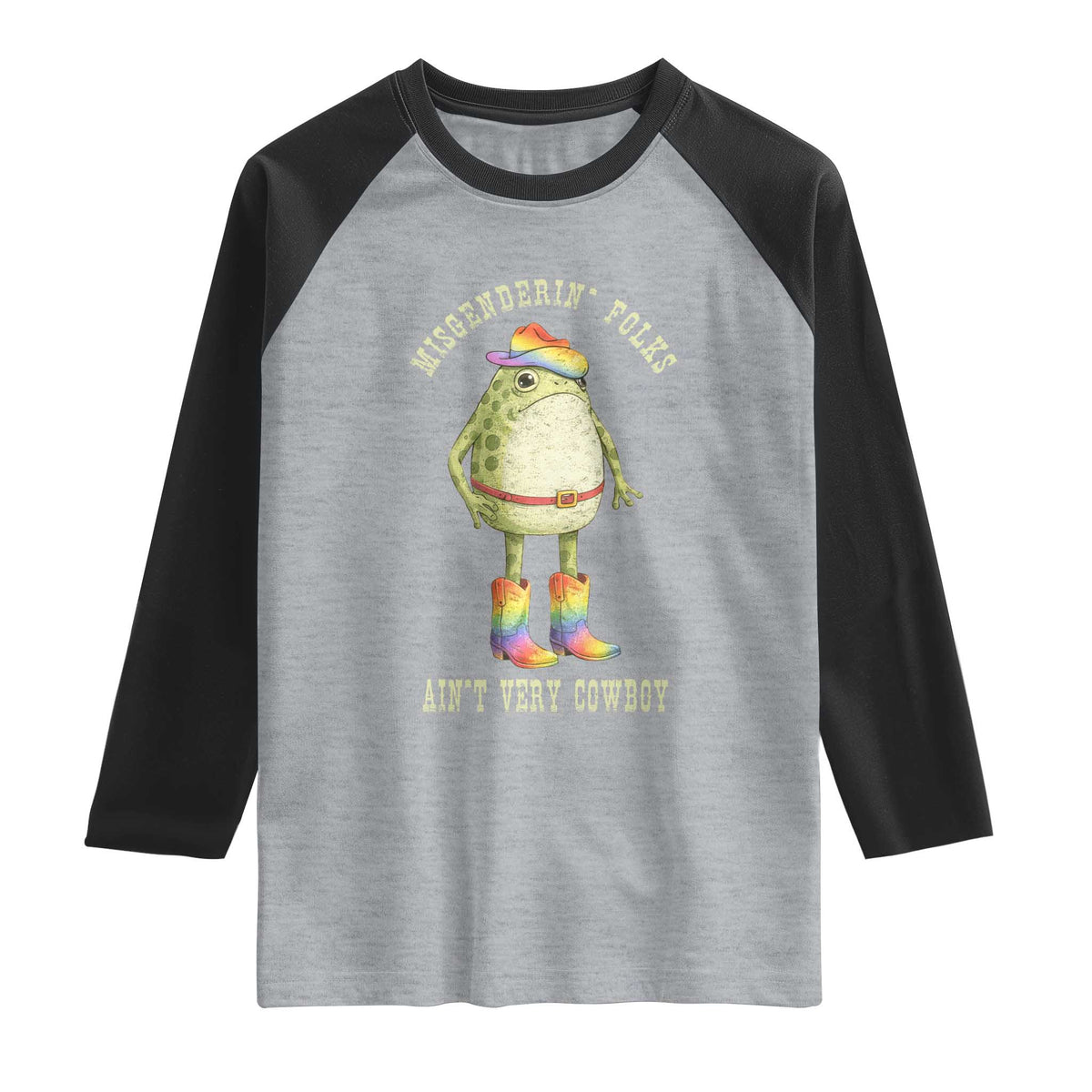 Funny Frog LGBTQ Raglan Shirt Misgenderin Folks Aint Very Cowboy Pride Rainbow