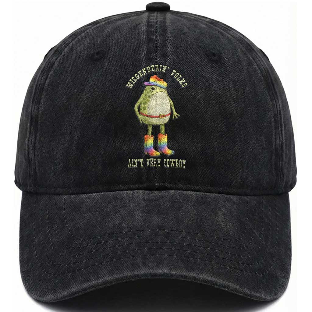 Funny Frog LGBTQ Washed Cotton Baseball Cap Misgenderin Folks Aint Very Cowboy Pride Rainbow
