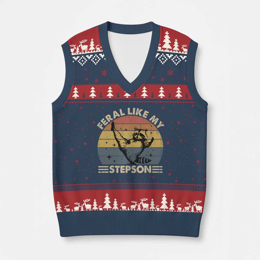 Bonus Dad V-Neck Knit Sweater Vest Retro Feral Raccoon Stepdad Gifts From Bonus Son Stepson
