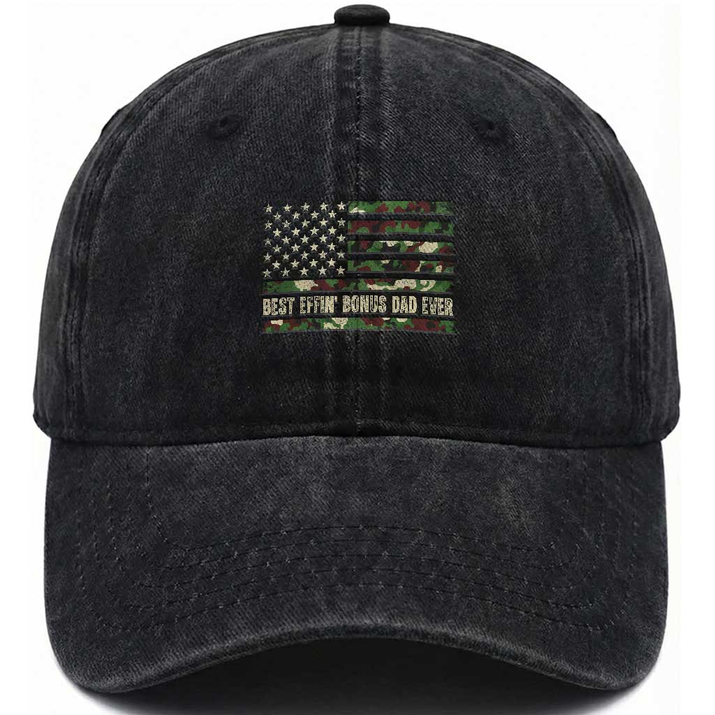 Best Effin Bonus Dad Ever Washed Cotton Baseball Cap Funny Step Dad Camo American Flag