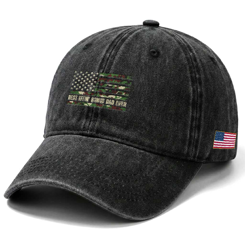 Best Effin Bonus Dad Ever Washed Cotton Baseball Cap Funny Step Dad Camo American Flag