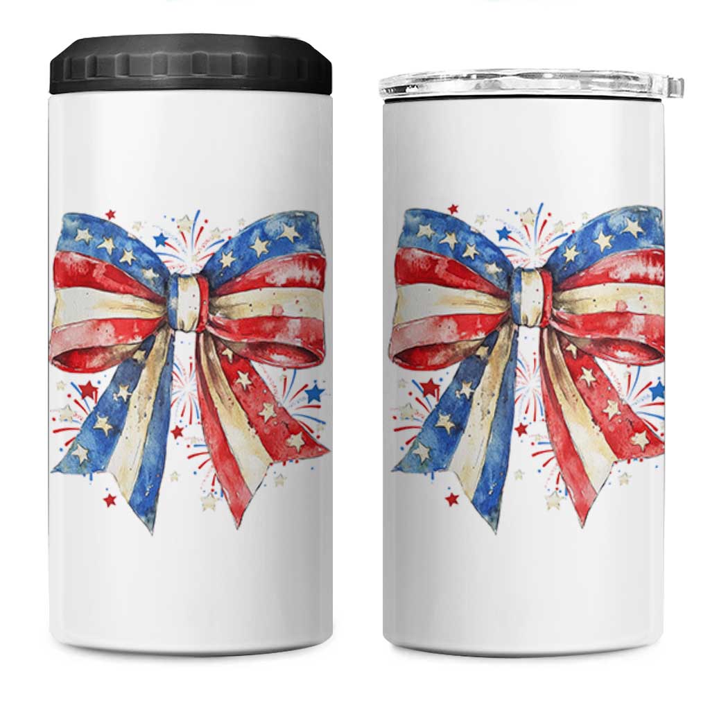 Coquette 4th Of July 4 in 1 Can Cooler Tumbler USA Bow American Flag Red White and Blue - Wonder Print Shop