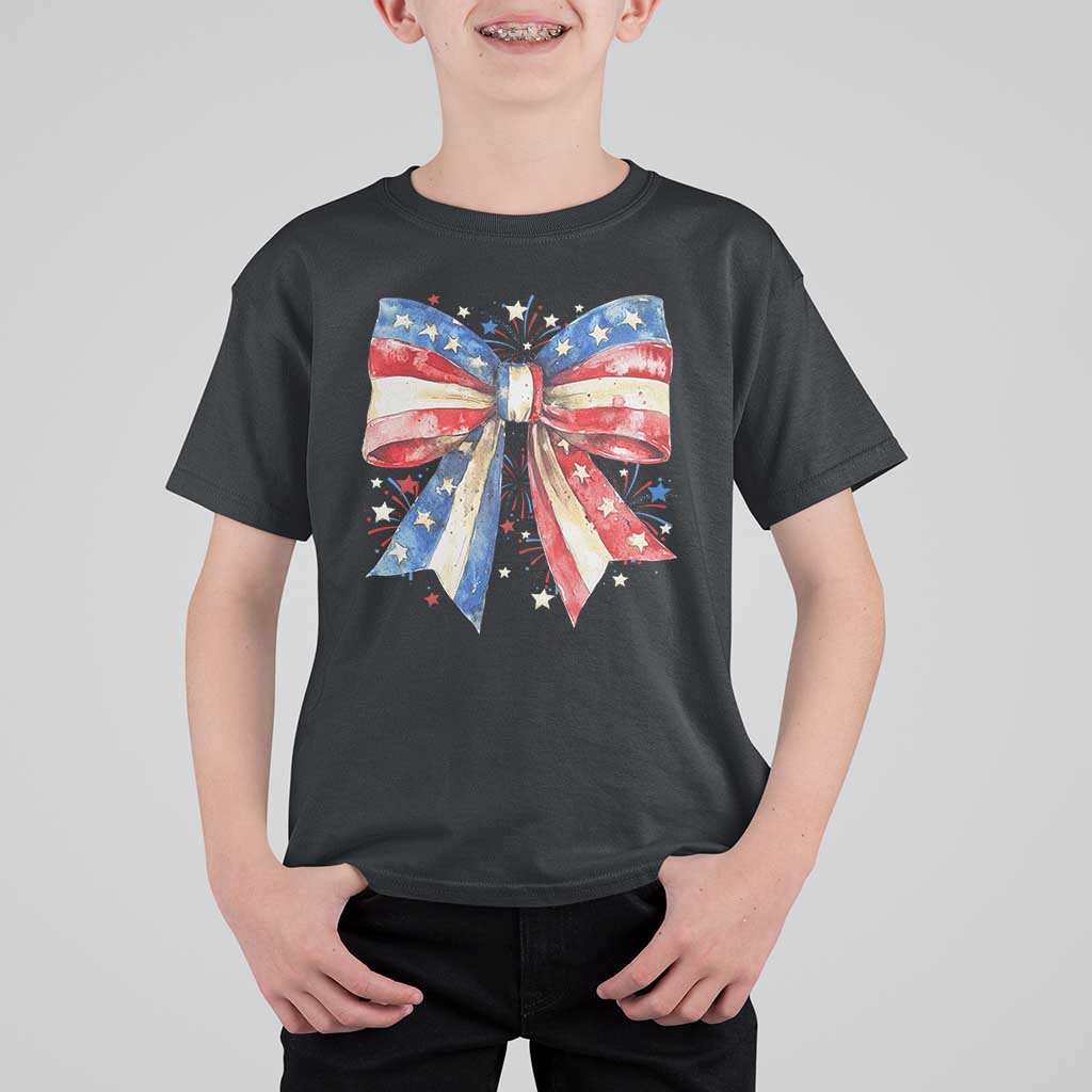 Coquette 4th Of July T Shirt For Kid USA Bow American Flag Red White and Blue - Wonder Print Shop