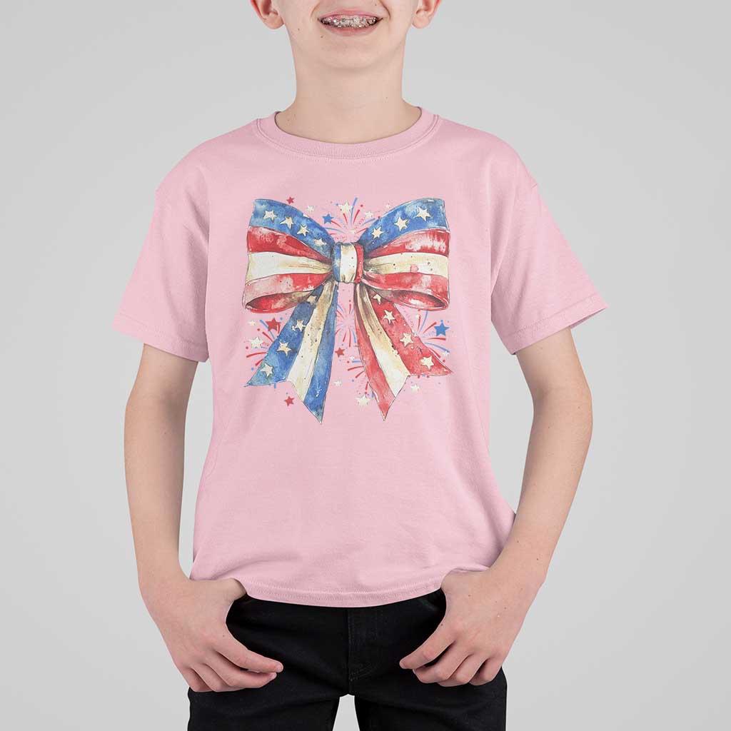Coquette 4th Of July T Shirt For Kid USA Bow American Flag Red White and Blue - Wonder Print Shop