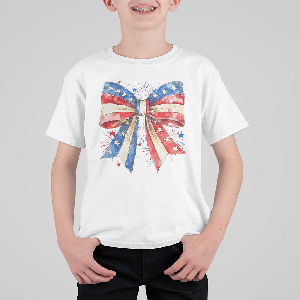 Coquette 4th Of July T Shirt For Kid USA Bow American Flag Red White and Blue - Wonder Print Shop