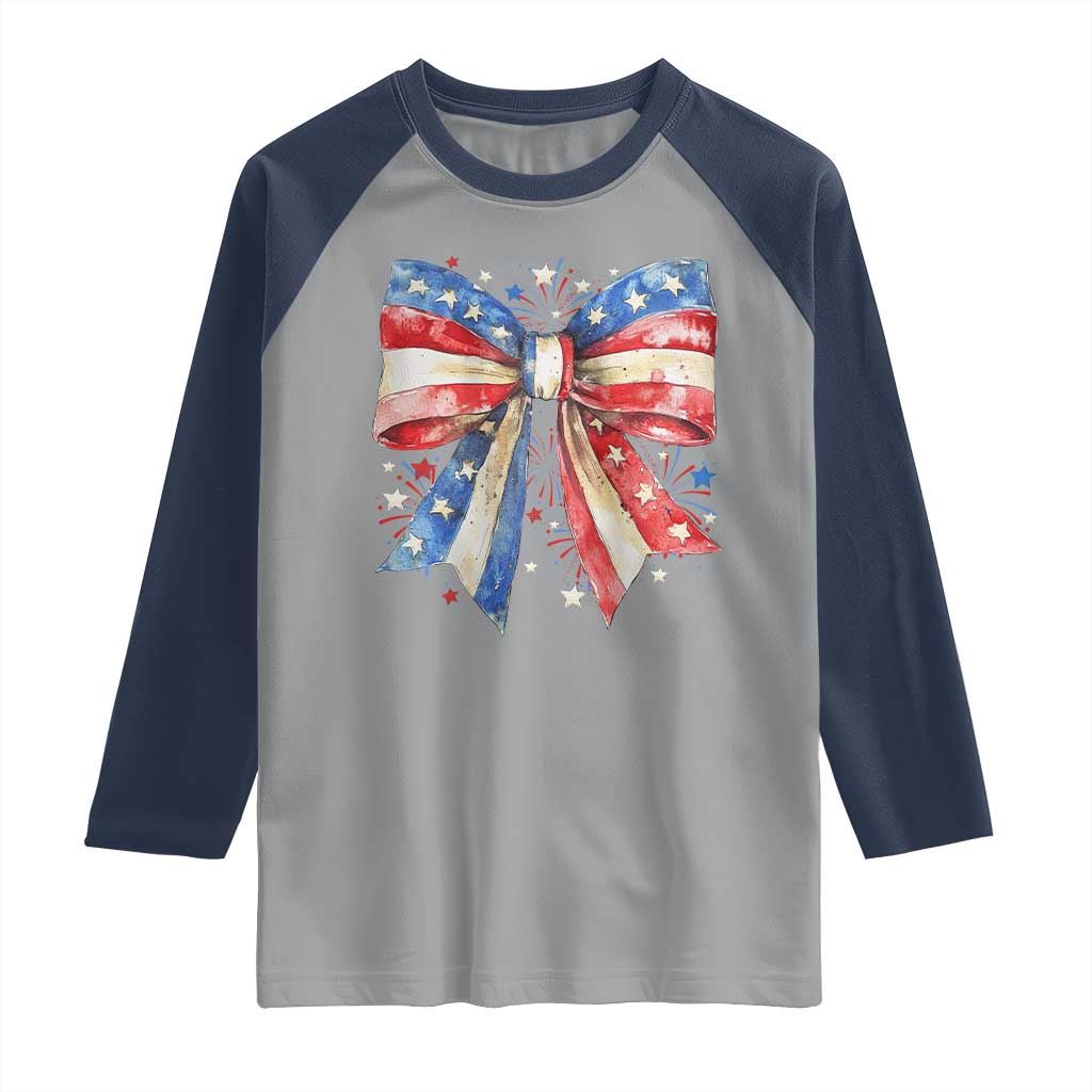 Coquette 4th Of July Raglan Shirt USA Bow American Flag Red White and Blue - Wonder Print Shop