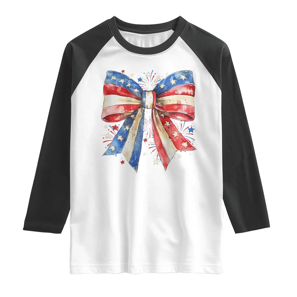 Coquette 4th Of July Raglan Shirt USA Bow American Flag Red White and Blue - Wonder Print Shop