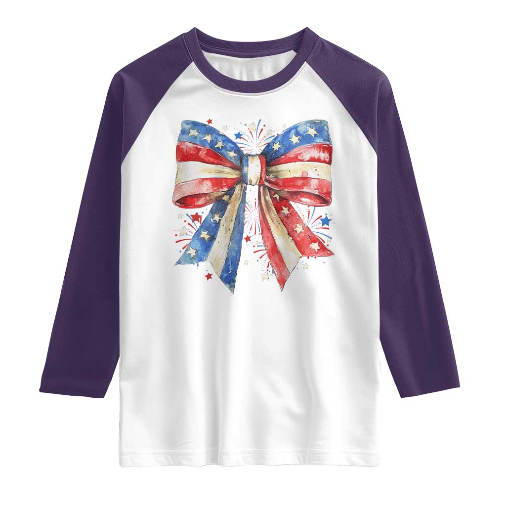 Coquette 4th Of July Raglan Shirt USA Bow American Flag Red White and Blue - Wonder Print Shop