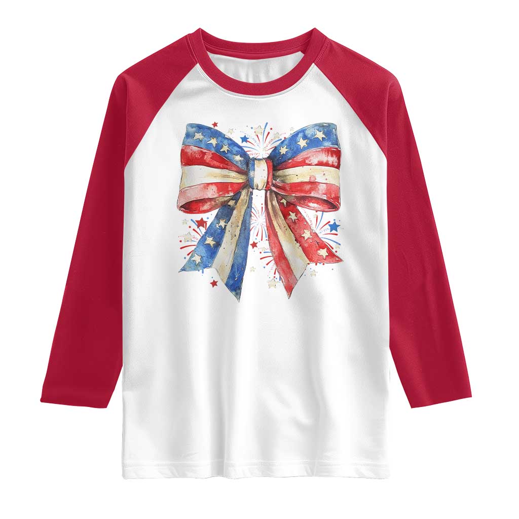 Coquette 4th Of July Raglan Shirt USA Bow American Flag Red White and Blue - Wonder Print Shop