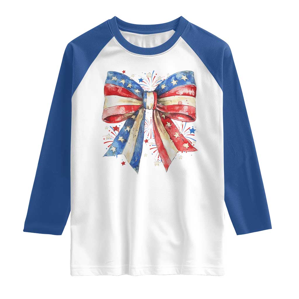 Coquette 4th Of July Raglan Shirt USA Bow American Flag Red White and Blue - Wonder Print Shop