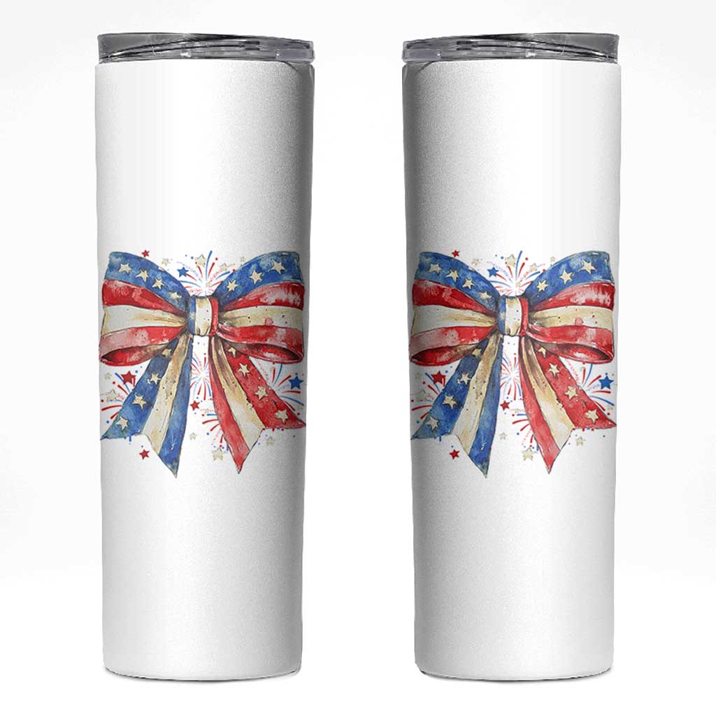 Coquette 4th Of July Skinny Tumbler USA Bow American Flag Red White and Blue - Wonder Print Shop