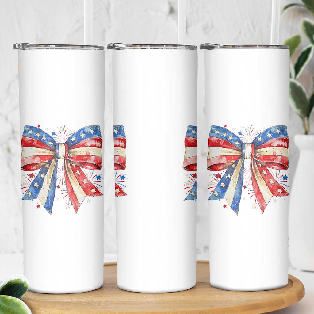 Coquette 4th Of July Skinny Tumbler USA Bow American Flag Red White and Blue - Wonder Print Shop