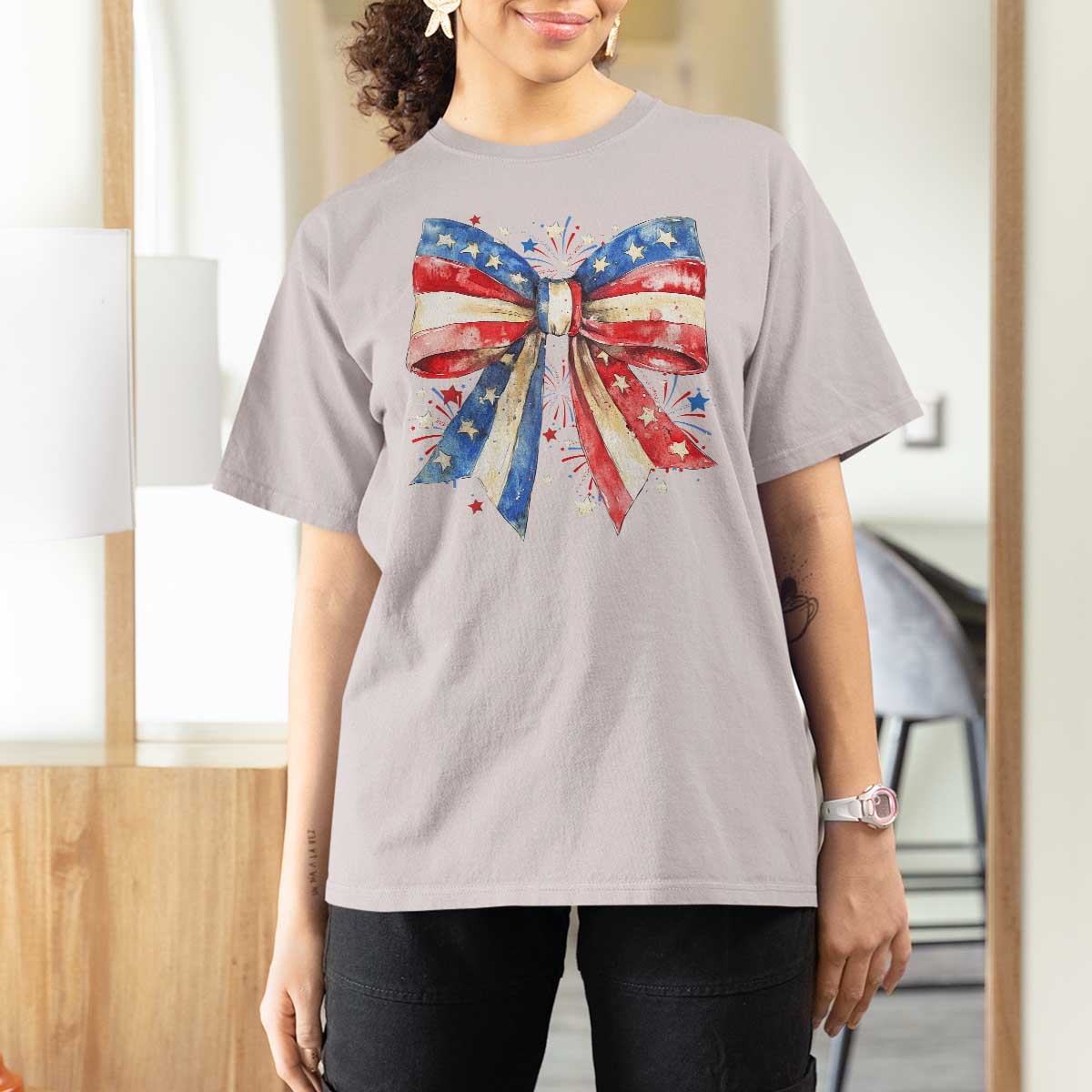 Coquette 4th Of July T Shirt For Women USA Bow American Flag Red White and Blue - Wonder Print Shop