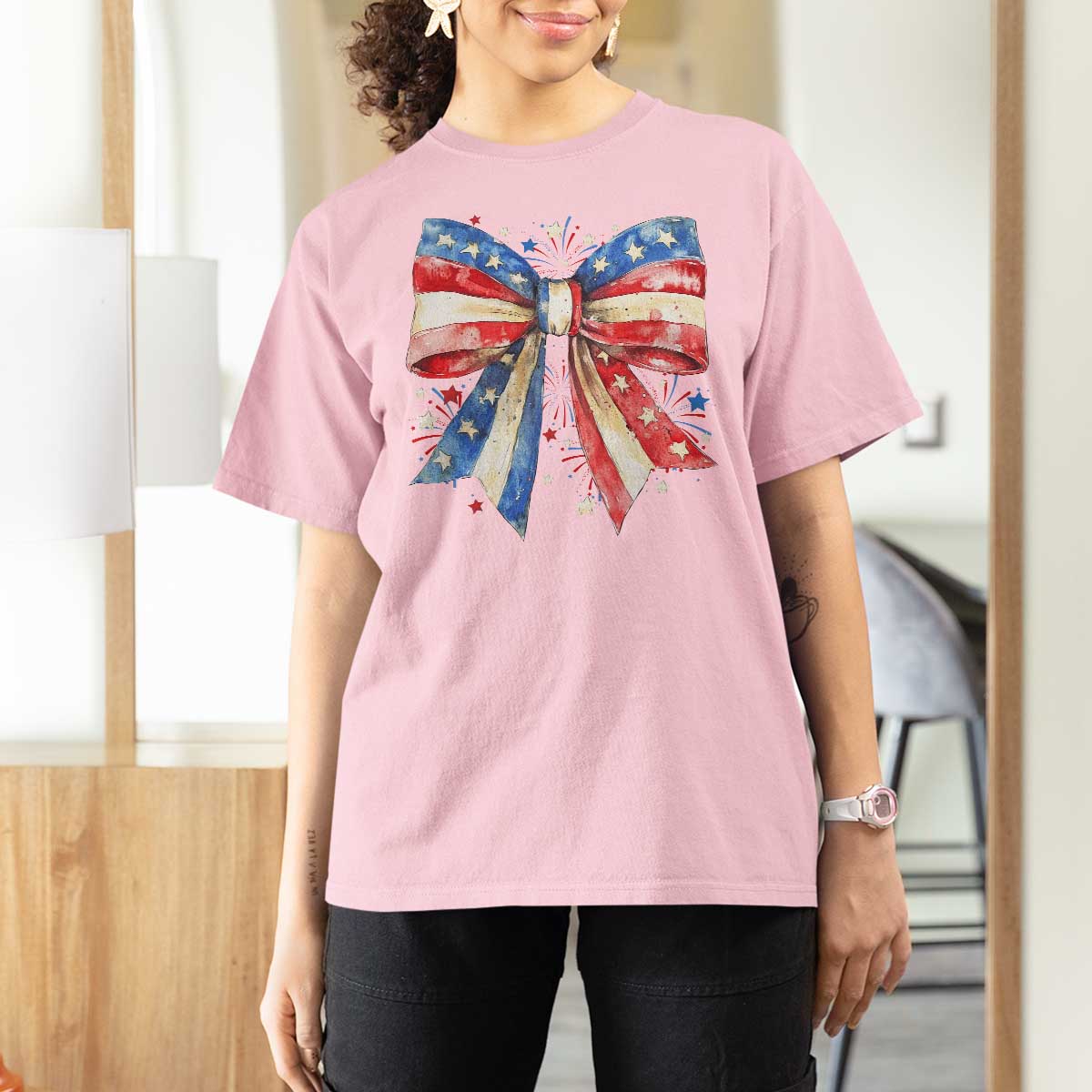 Coquette 4th Of July T Shirt For Women USA Bow American Flag Red White and Blue - Wonder Print Shop