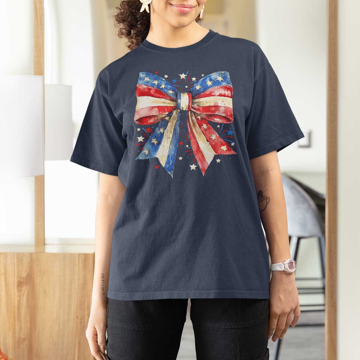 Coquette 4th Of July T Shirt For Women USA Bow American Flag Red White and Blue - Wonder Print Shop