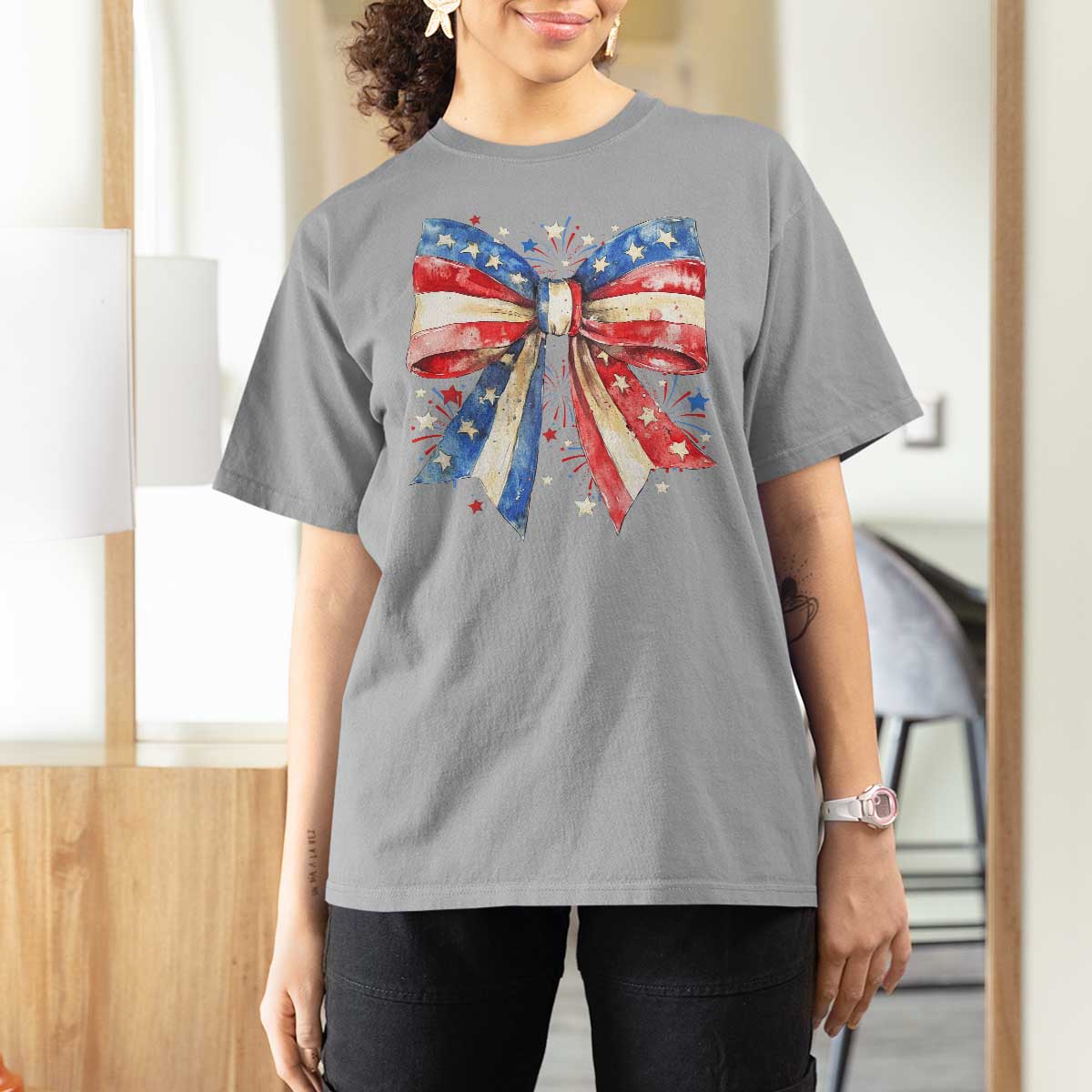 Coquette 4th Of July T Shirt For Women USA Bow American Flag Red White and Blue - Wonder Print Shop