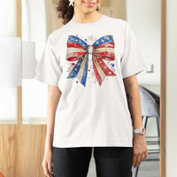 Coquette 4th Of July T Shirt For Women USA Bow American Flag Red White and Blue - Wonder Print Shop