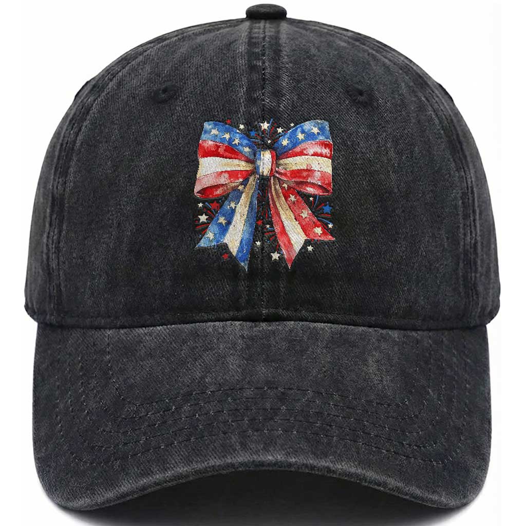 Coquette 4th Of July Washed Cotton Baseball Cap USA Bow American Flag Red White and Blue