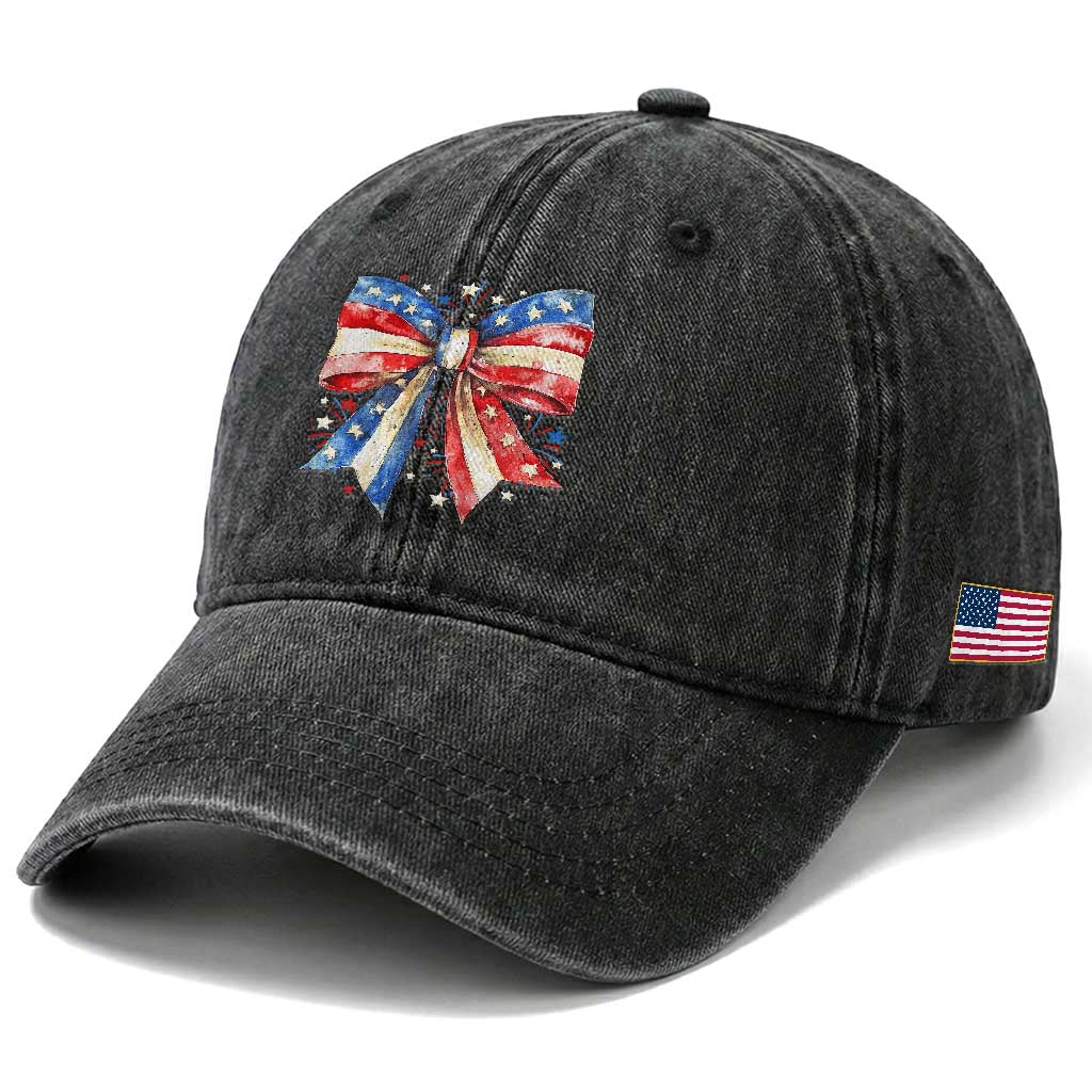 Coquette 4th Of July Washed Cotton Baseball Cap USA Bow American Flag Red White and Blue