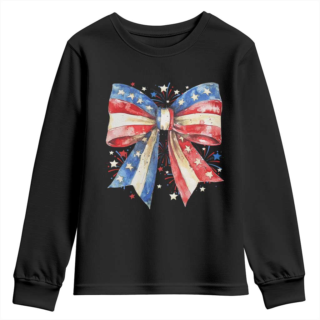 Coquette 4th Of July Youth Sweatshirt USA Bow American Flag Red White and Blue - Wonder Print Shop