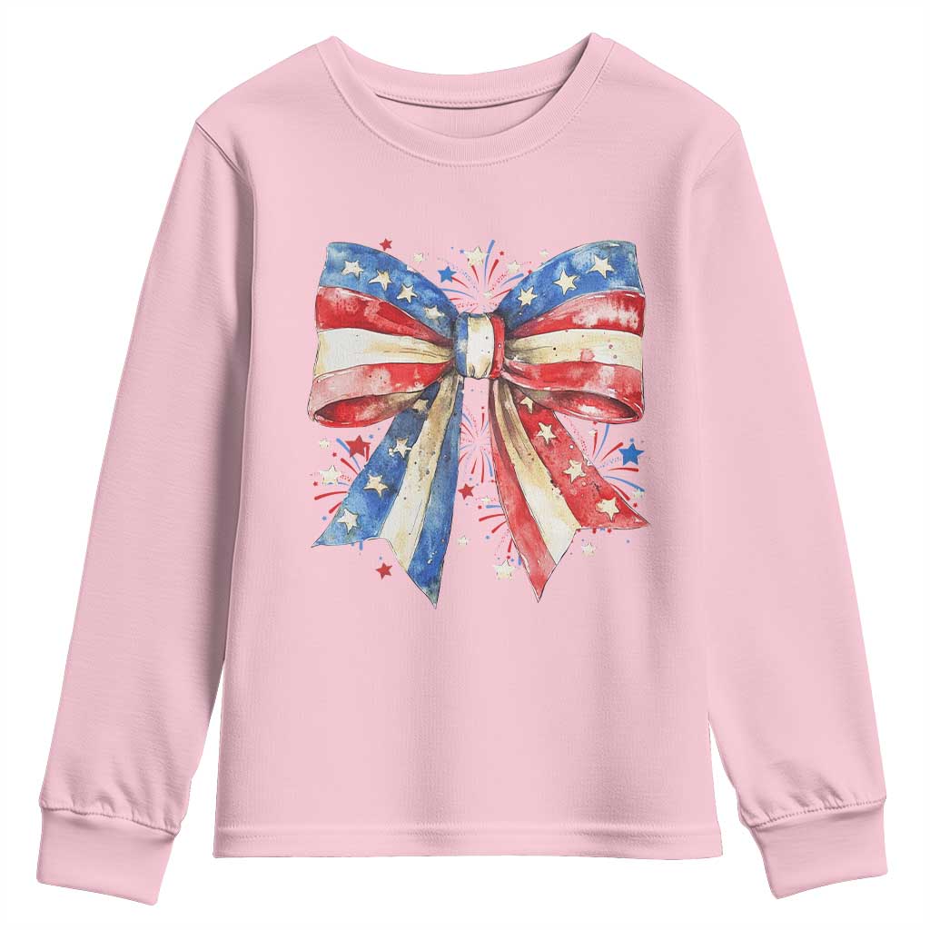 Coquette 4th Of July Youth Sweatshirt USA Bow American Flag Red White and Blue - Wonder Print Shop