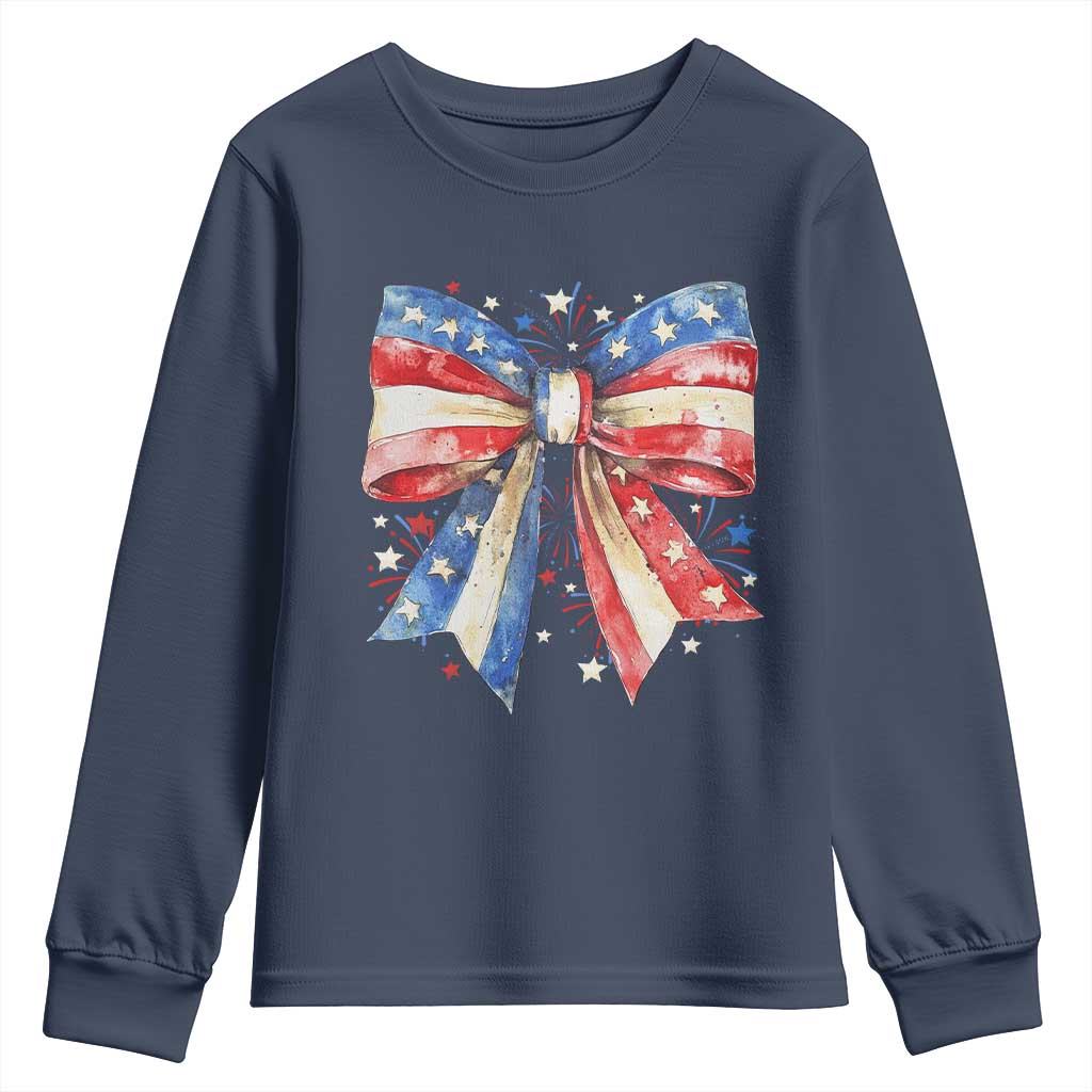 Coquette 4th Of July Youth Sweatshirt USA Bow American Flag Red White and Blue - Wonder Print Shop
