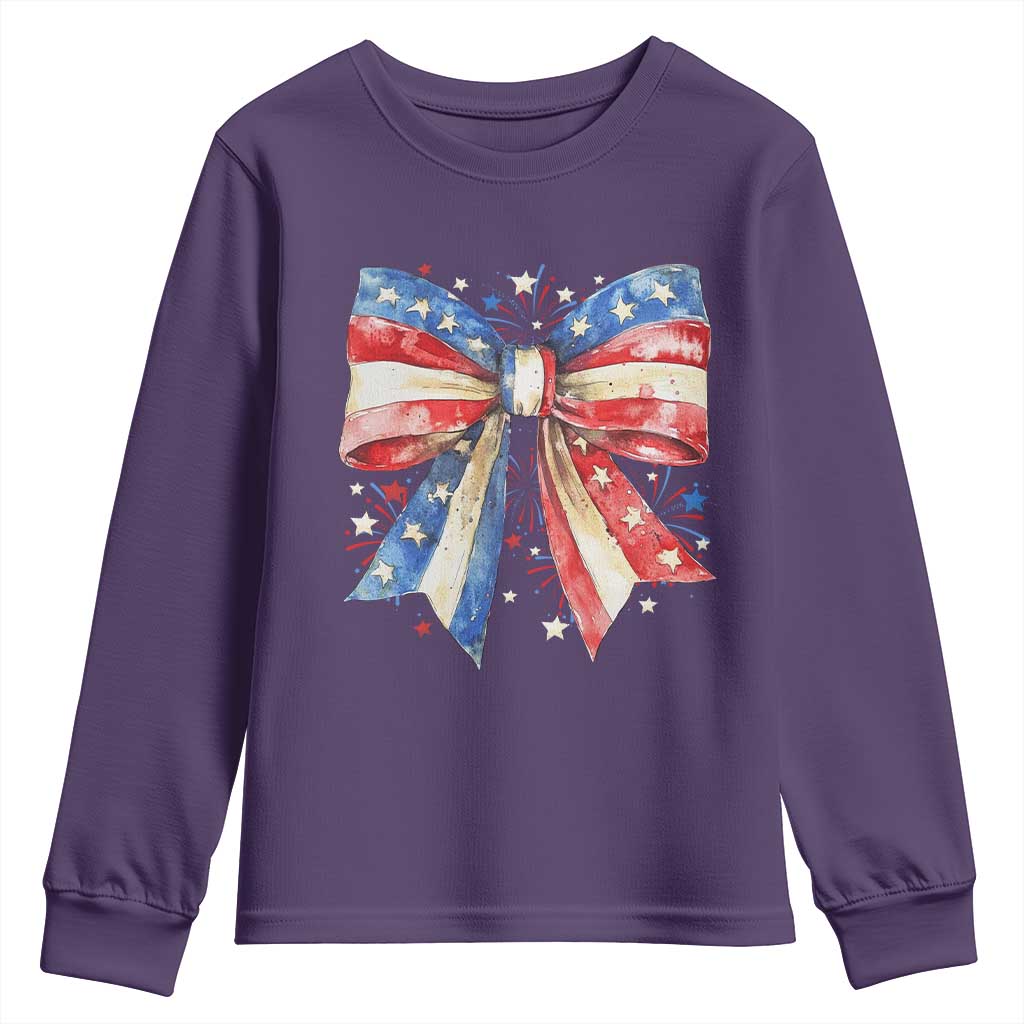 Coquette 4th Of July Youth Sweatshirt USA Bow American Flag Red White and Blue - Wonder Print Shop