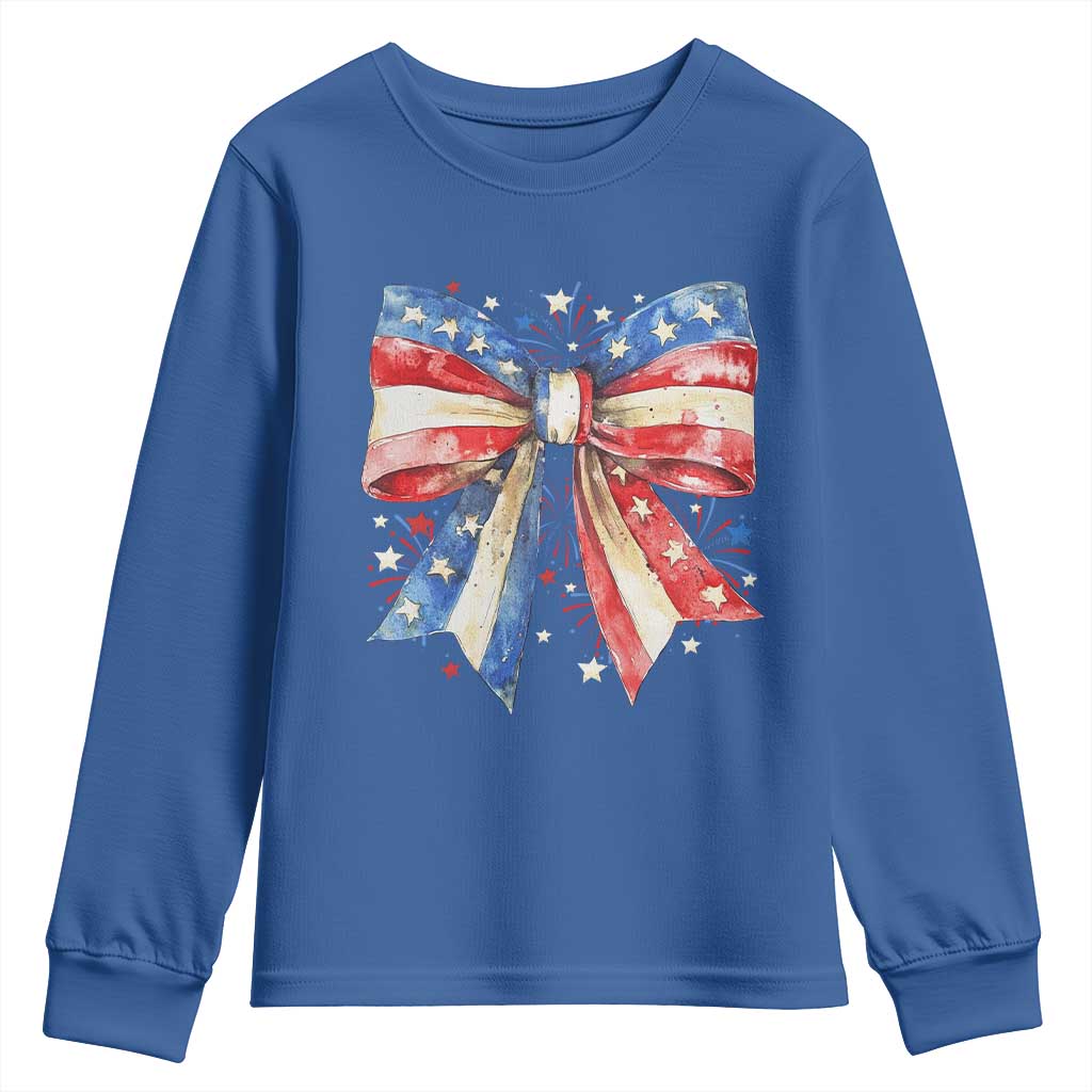Coquette 4th Of July Youth Sweatshirt USA Bow American Flag Red White and Blue - Wonder Print Shop