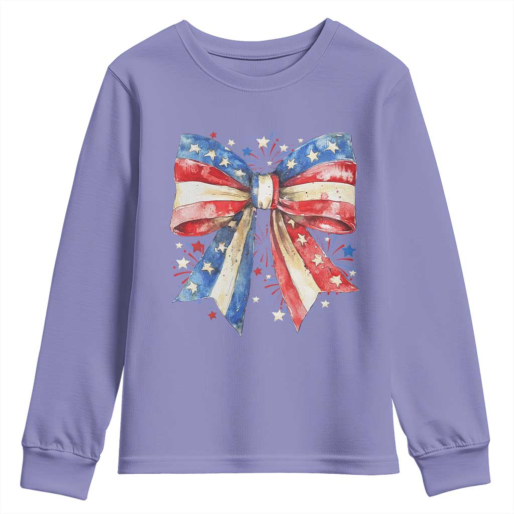 Coquette 4th Of July Youth Sweatshirt USA Bow American Flag Red White and Blue - Wonder Print Shop