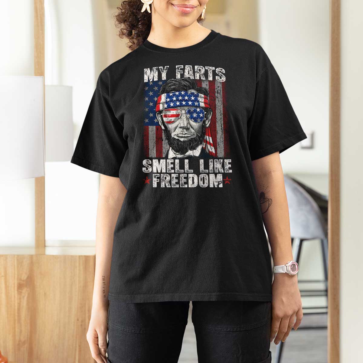 Funny Abe Lincoln 4th Of July T Shirt For Women My Farts Smell Like Freedom American Flag - Wonder Print Shop