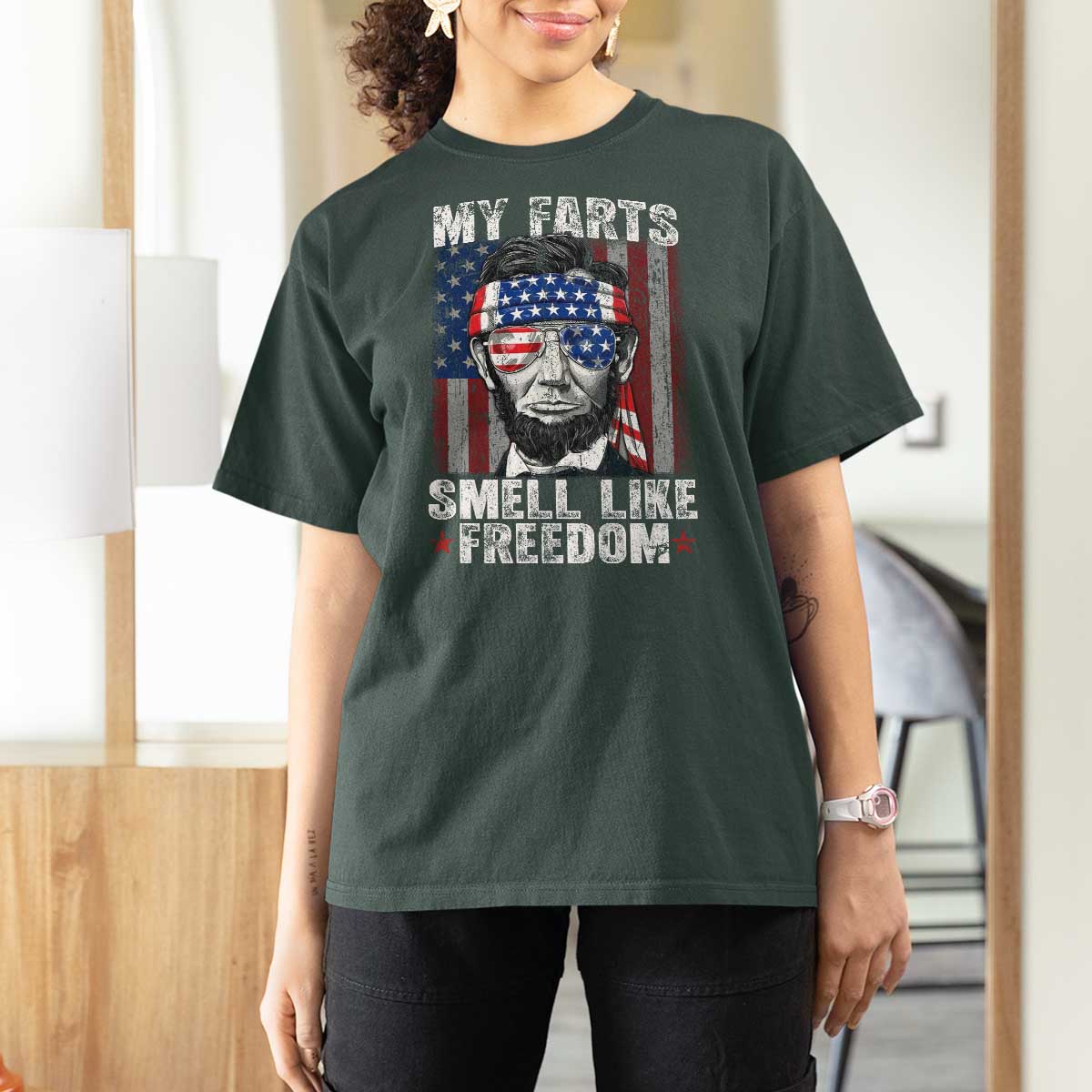 Funny Abe Lincoln 4th Of July T Shirt For Women My Farts Smell Like Freedom American Flag - Wonder Print Shop