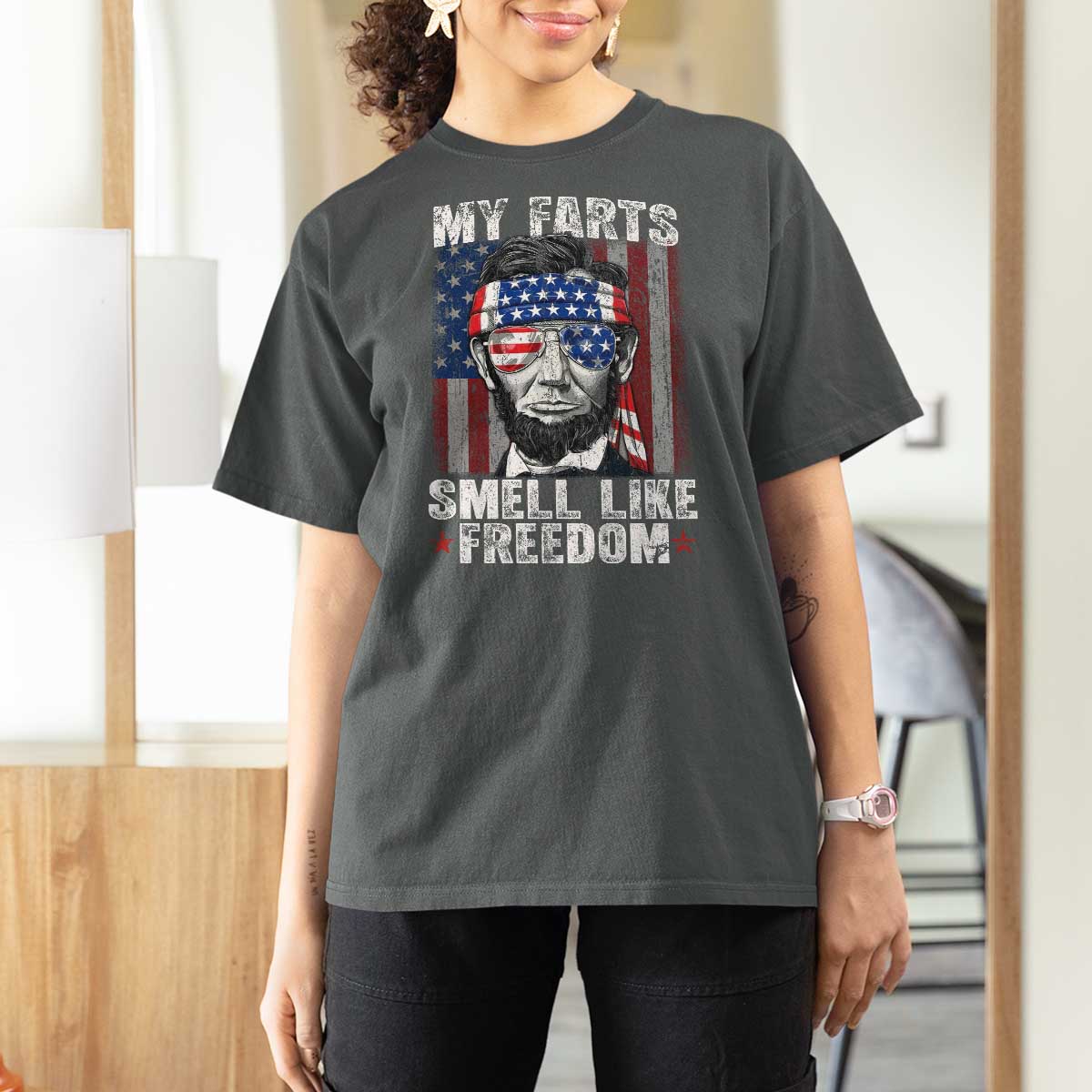Funny Abe Lincoln 4th Of July T Shirt For Women My Farts Smell Like Freedom American Flag - Wonder Print Shop
