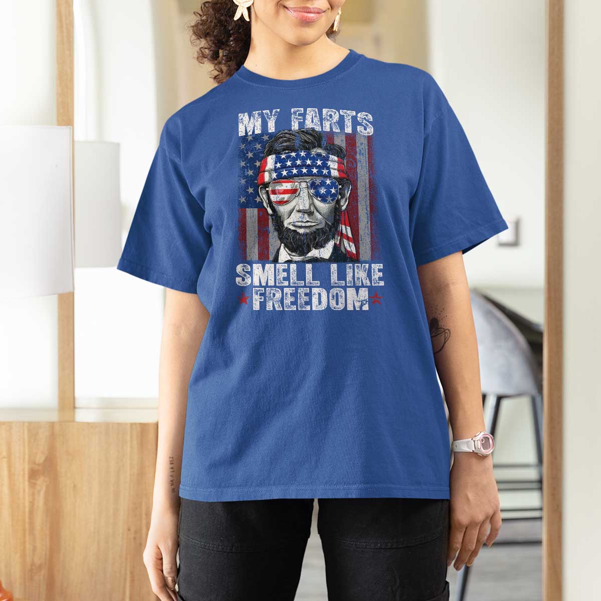 Funny Abe Lincoln 4th Of July T Shirt For Women My Farts Smell Like Freedom American Flag - Wonder Print Shop