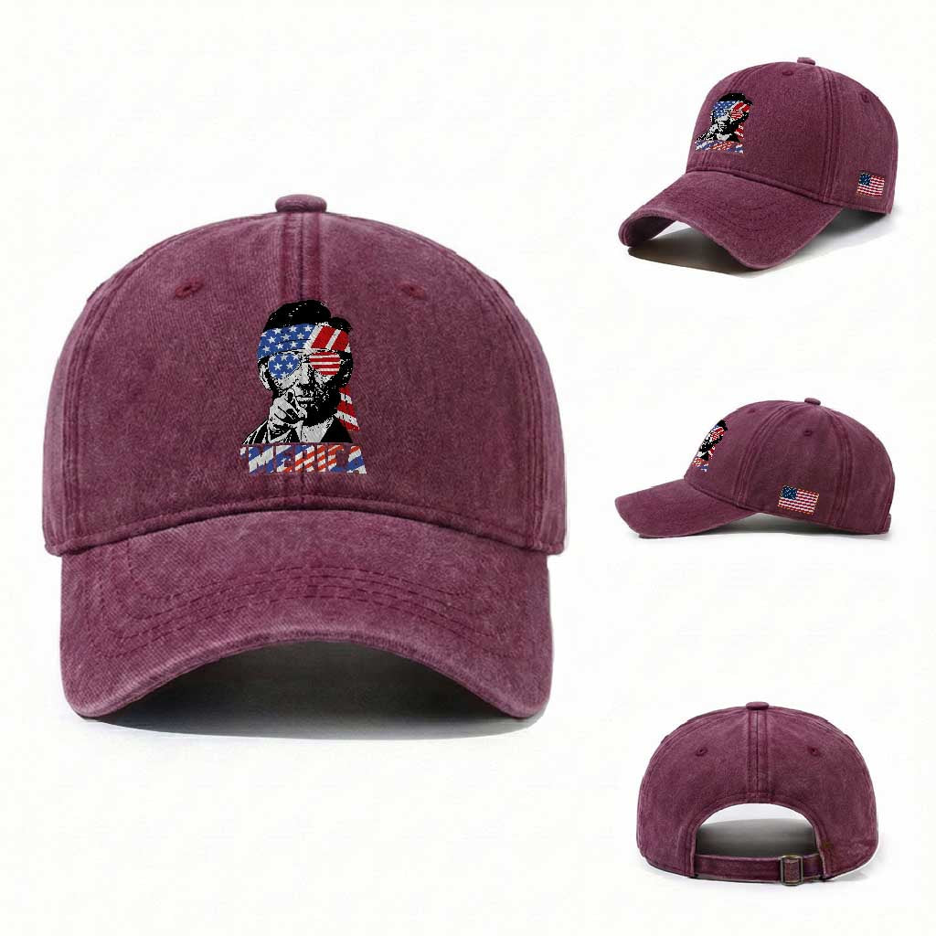 Funny Lincoln 4th Of July Merica Washed Cotton Baseball Cap Abe American Flag