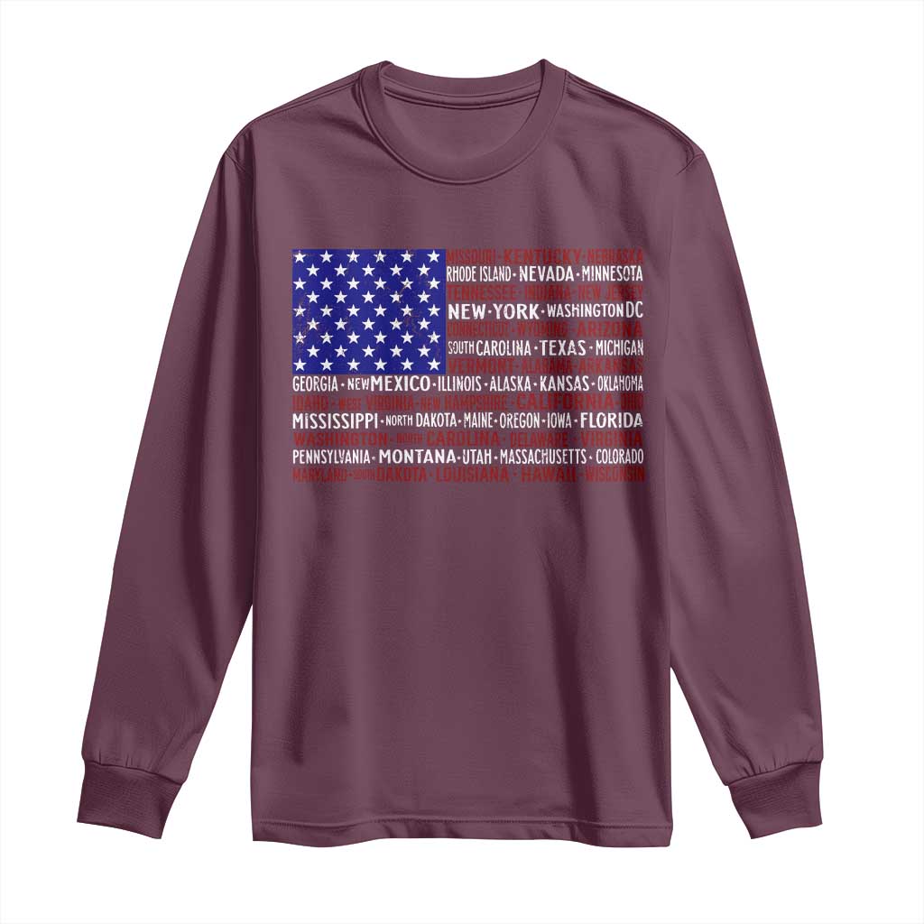 Vintage American Flag Long Sleeve Shirt With States 4th Of July - Wonder Print Shop