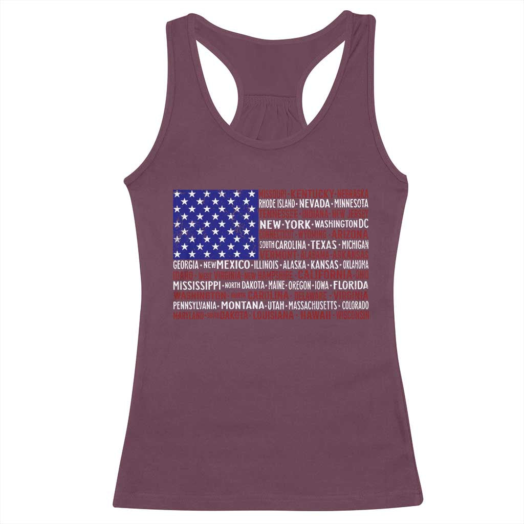 Vintage American Flag Racerback Tank Top With States 4th Of July - Wonder Print Shop