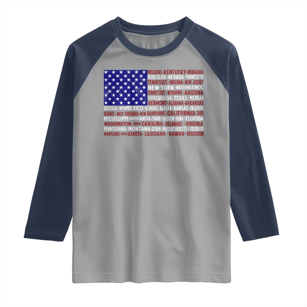 Vintage American Flag Raglan Shirt With States 4th Of July - Wonder Print Shop