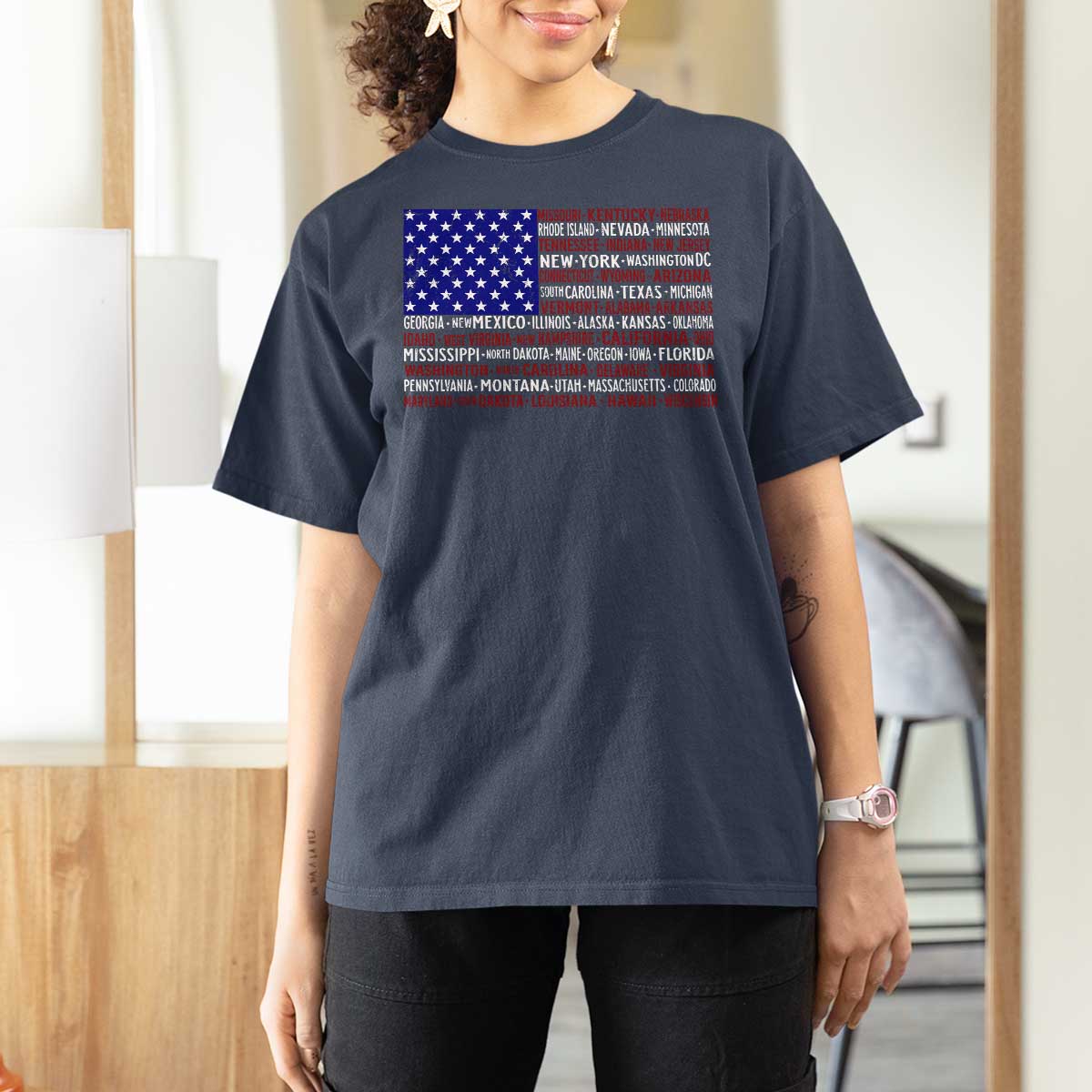 Vintage American Flag T Shirt For Women With States 4th Of July - Wonder Print Shop
