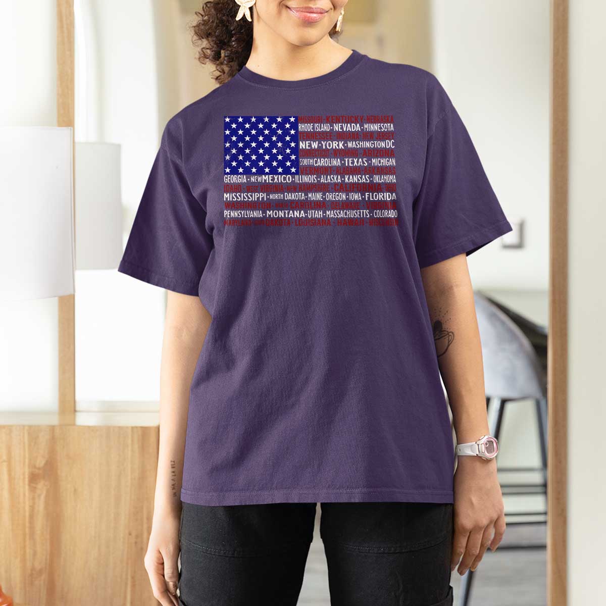 Vintage American Flag T Shirt For Women With States 4th Of July - Wonder Print Shop