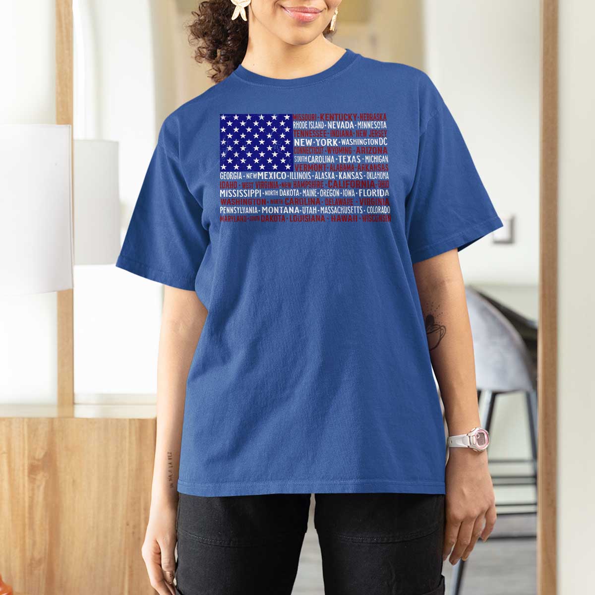 Vintage American Flag T Shirt For Women With States 4th Of July - Wonder Print Shop