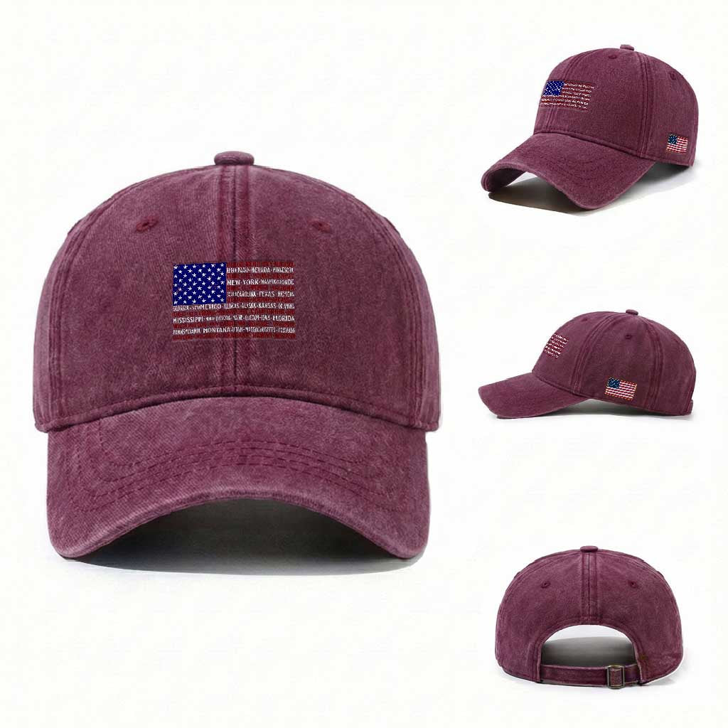 Vintage American Flag Washed Cotton Baseball Cap With States 4th Of July