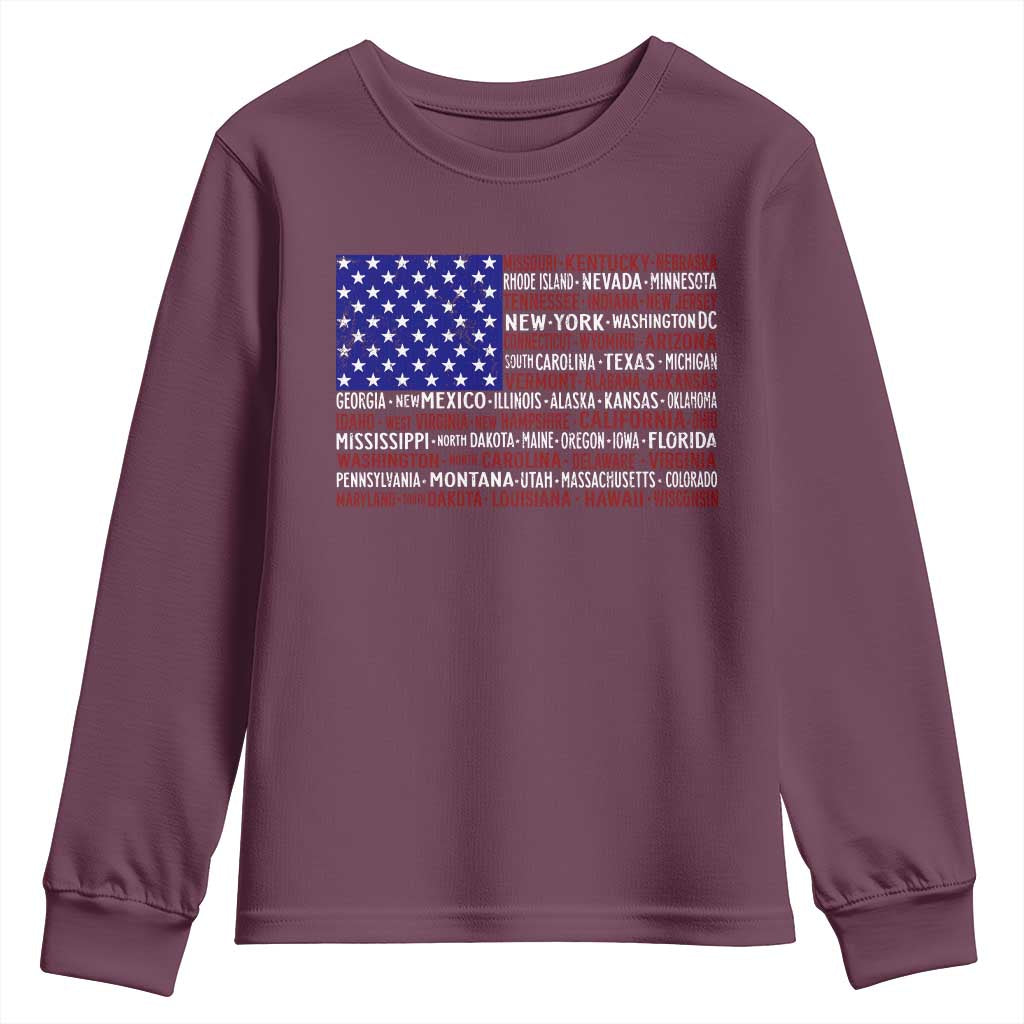 Vintage American Flag Youth Sweatshirt With States 4th Of July - Wonder Print Shop
