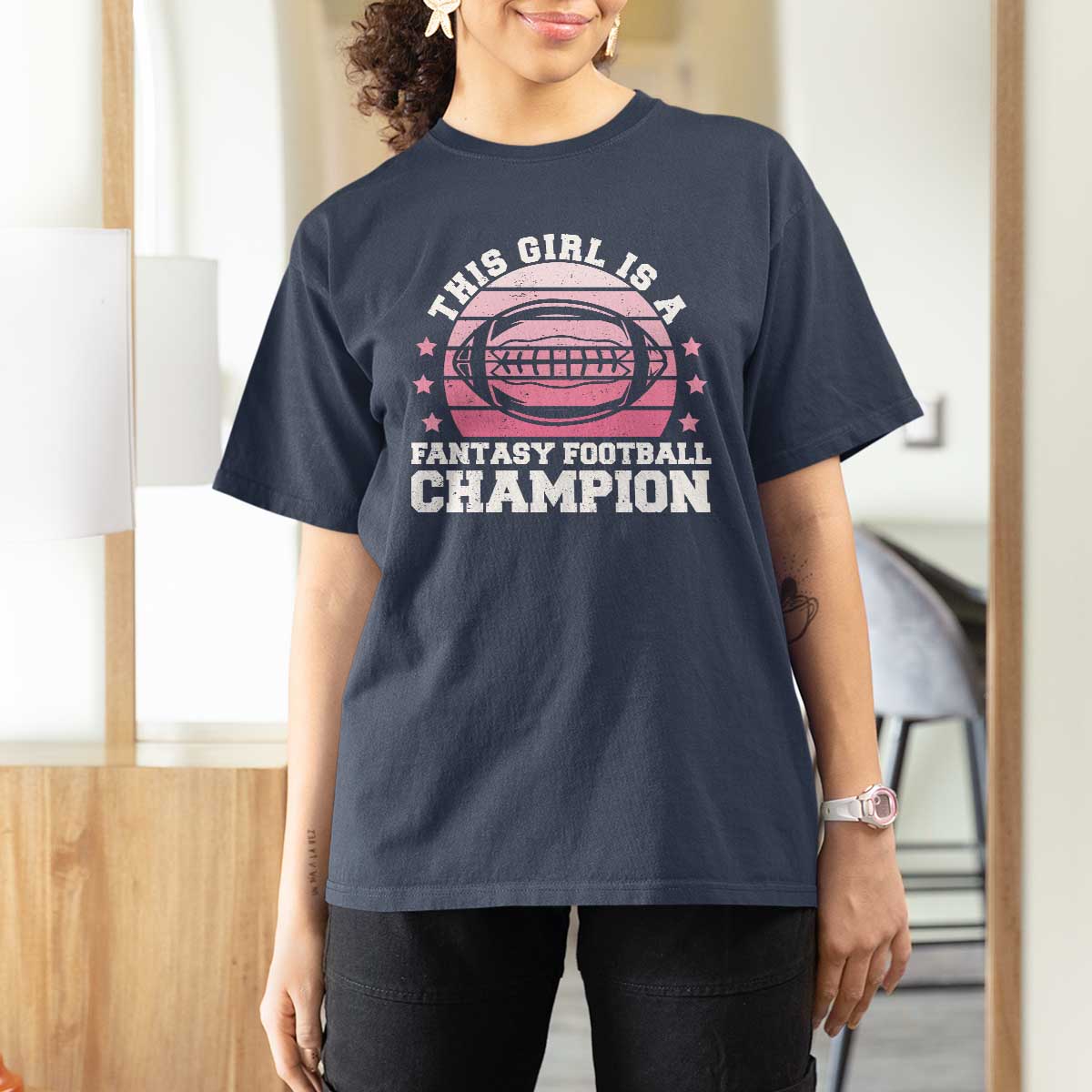 Funny This Girl Is A Fantasy Football Champion T Shirt For Women Retro Champ Champion Draft - Wonder Print Shop
