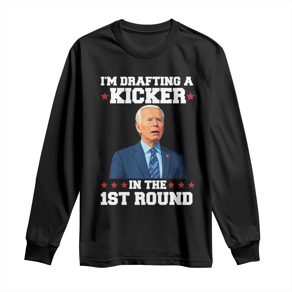 Funny Fantasy Football Long Sleeve Shirt Joe Biden Confused Drafting Kicker Draft Party - Wonder Print Shop