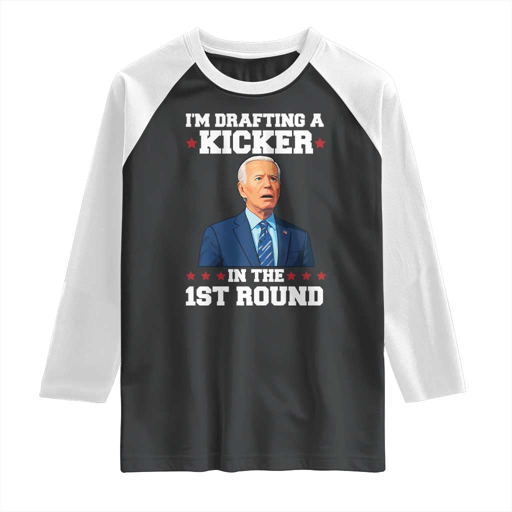 Funny Fantasy Football Raglan Shirt Joe Biden Confused Drafting Kicker Draft Party - Wonder Print Shop