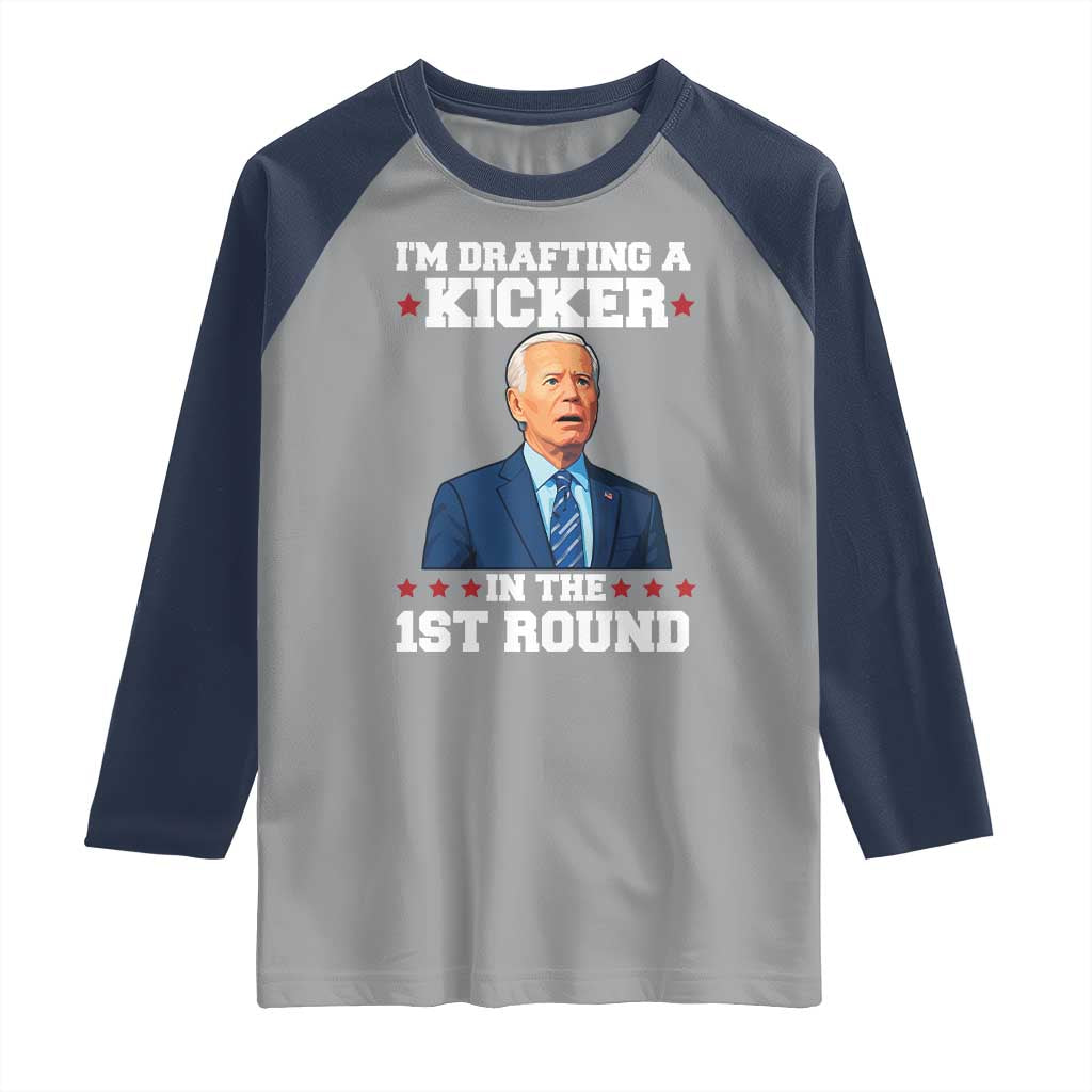 Funny Fantasy Football Raglan Shirt Joe Biden Confused Drafting Kicker Draft Party - Wonder Print Shop